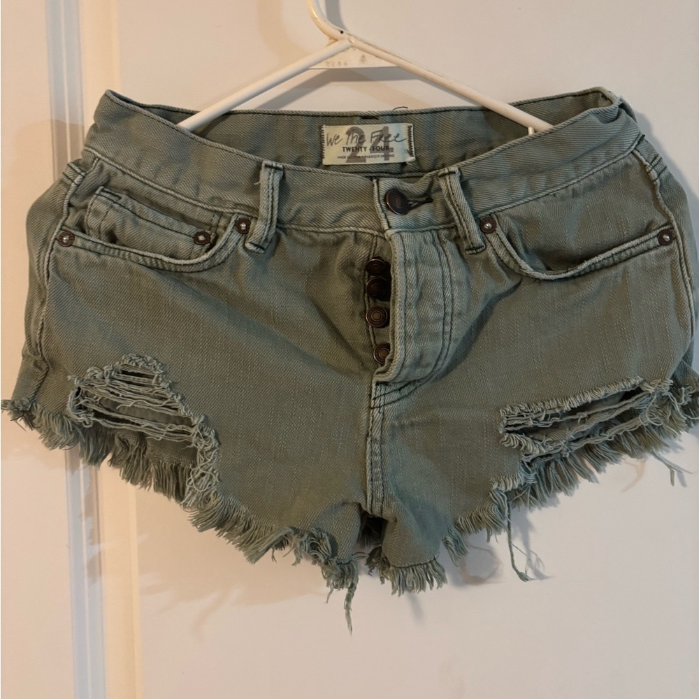 Free people Green Distressed Jean Shorts with Frayed Hem